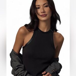 Anthropologie Pilcro Ribbed faux leather trimmed Tank in Black Size Small